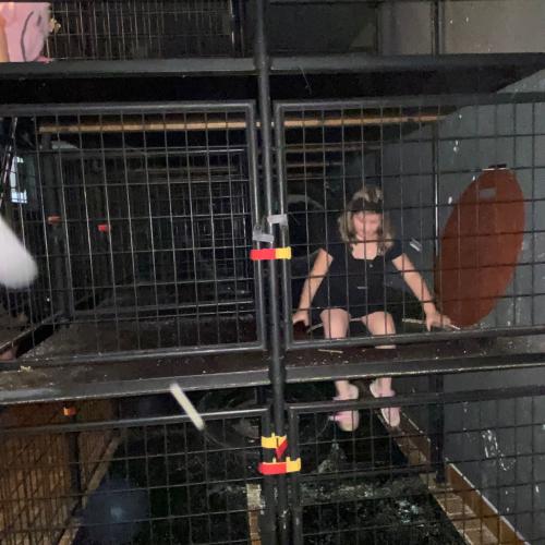 Kind klettert durch Gitterkorb