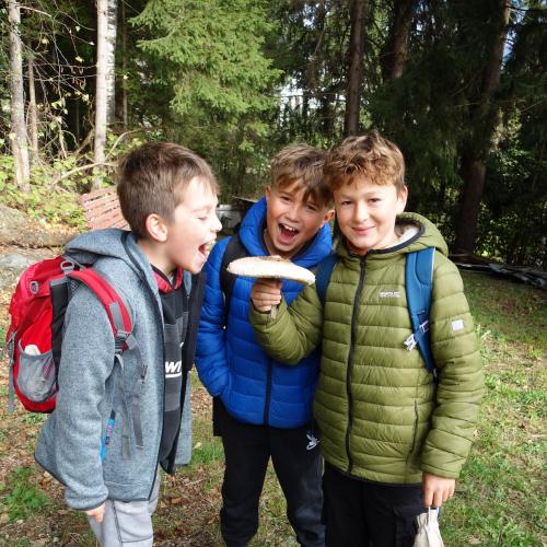 3 Buben mit großem Pilz in der Hand