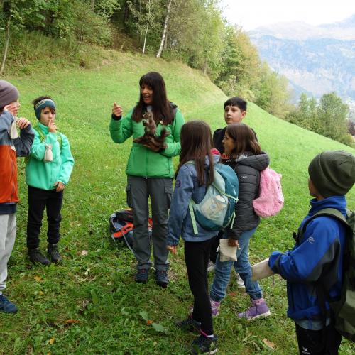 Frau und Kindergruppe auf Wiese