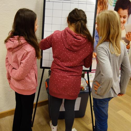 drei Mädchen vor Flipchart