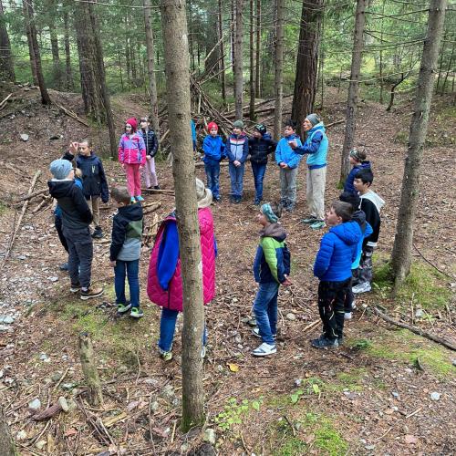 Kinder stehen im Wald im Kreis