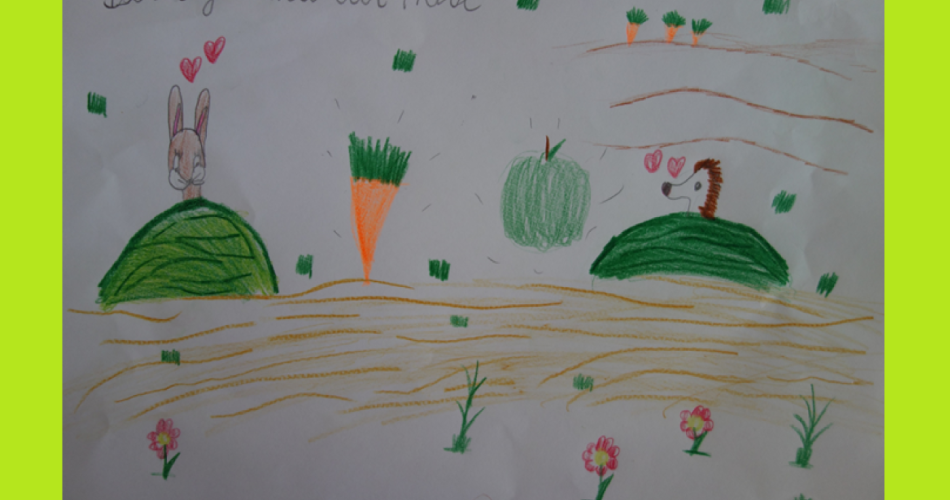 Von Kind gezeichnetes Bild mit Hase und Igel