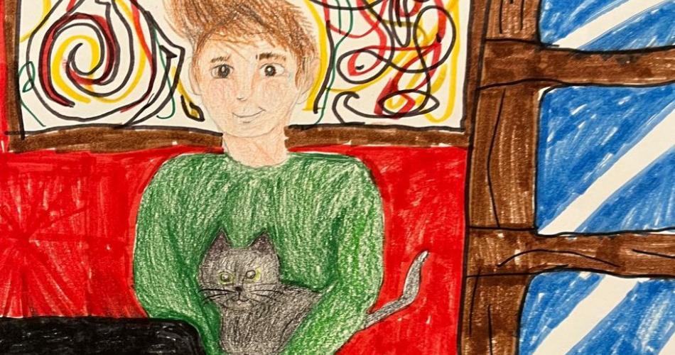Zeichnung von Bub und Katze